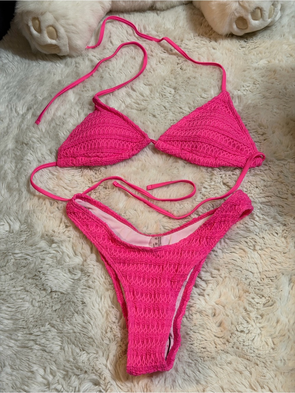 NEW! SHEIN Hot Pink Triangle Bikini Top with Crochet Trim size small